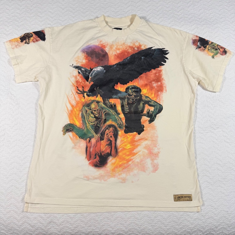 BoohooMAN Limited Edition Mens T-Shirt Large Graphic Eagle Fire Cream EUC